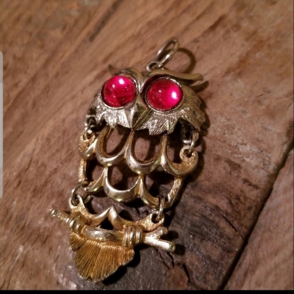 Vintage Gold and Red Owl Charm for Necklace